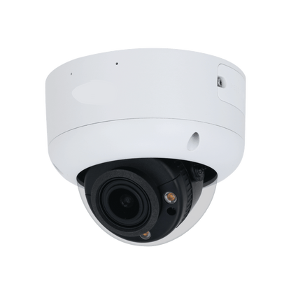Witte Dahua 4MP dome beveiligingscamera met zwarte lensmodule en ingebouwde warme LED-verlichting voor buiten.