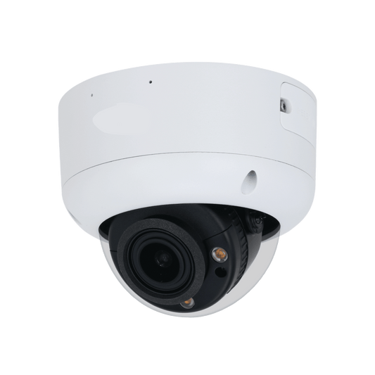 Witte Dahua 4MP dome beveiligingscamera met zwarte lensmodule en ingebouwde warme LED-verlichting voor buiten.