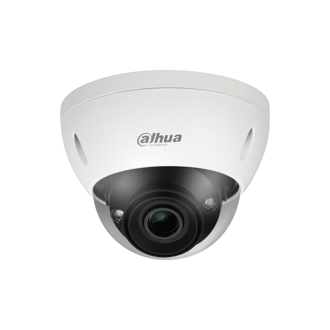 Witte Dahua IPC-HDBW5842E-ZE dome beveiligingscamera met zwarte lensmodule en robuuste vandaalbestendige behuizing.