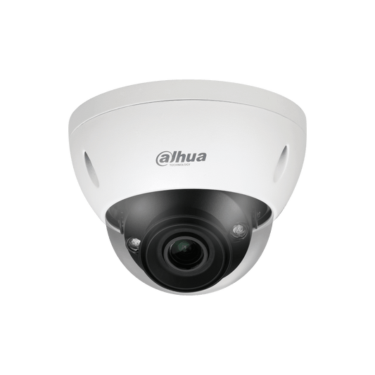 Witte Dahua IPC-HDBW5842E-ZE dome beveiligingscamera met zwarte lensmodule en robuuste vandaalbestendige behuizing.