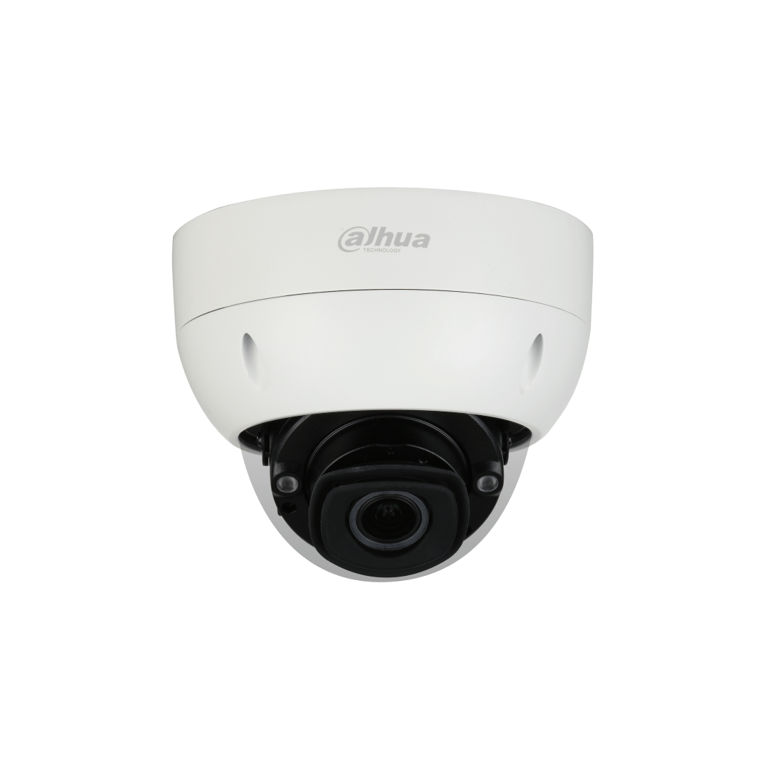 Witte Dahua IPC-HDBW5842H-ZHE dome beveiligingscamera met zwarte lens en robuuste IK10 behuizing.