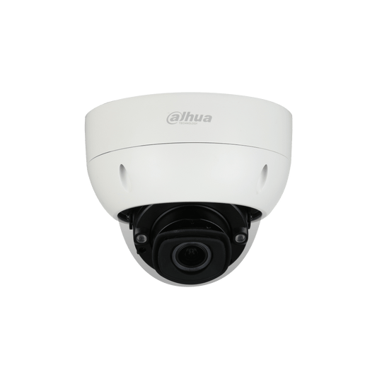 Witte Dahua IPC-HDBW5842H-ZHE dome beveiligingscamera met zwarte lens en robuuste IK10 behuizing.