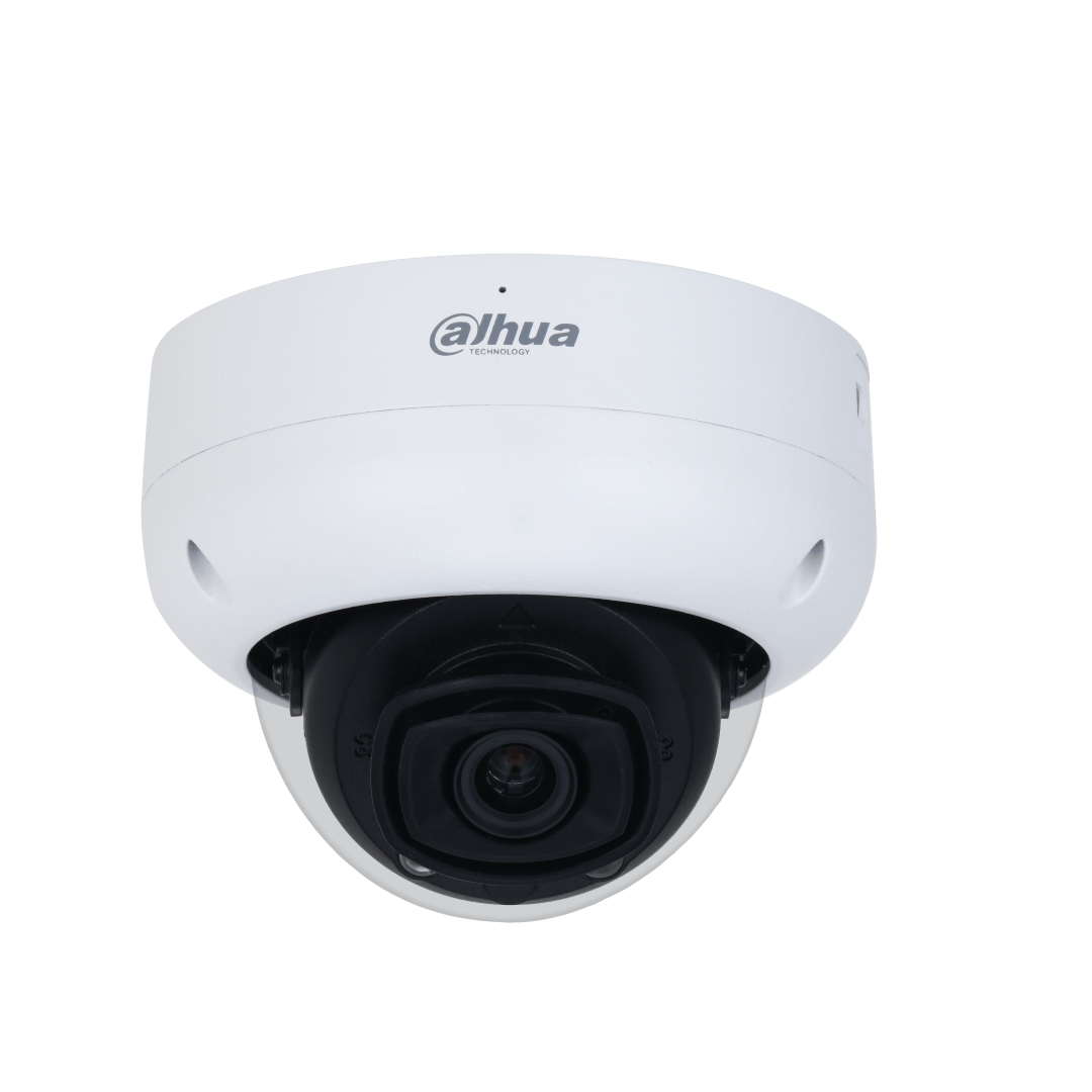 Witte Dahua WizMind 5-serie dome-beveiligingscamera met zwarte lens en robuuste vandaalbestendige behuizing.