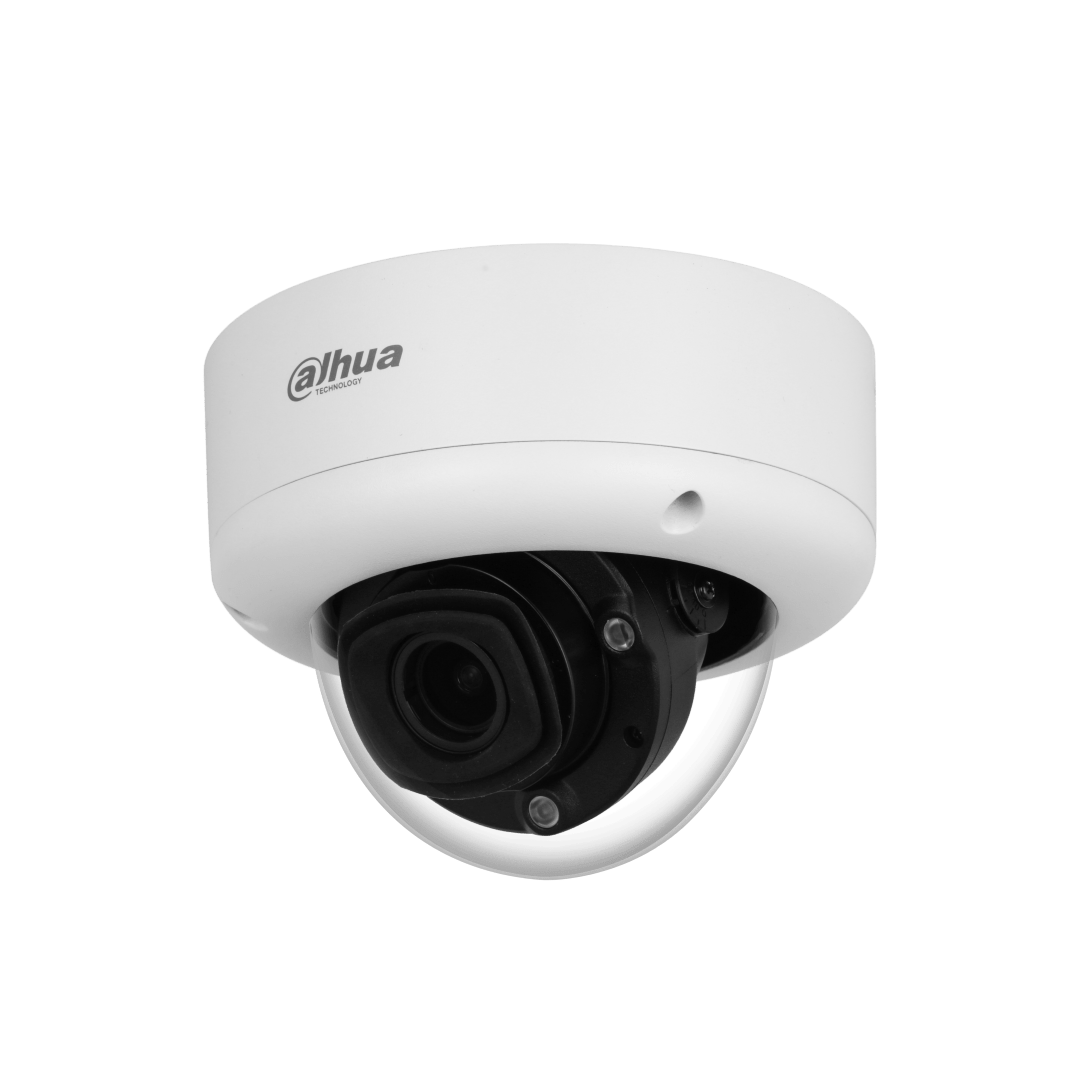 Witte Dahua WizMind X-serie domecamera met zwarte lensmodule en transparante koepel voor professionele beveiliging.