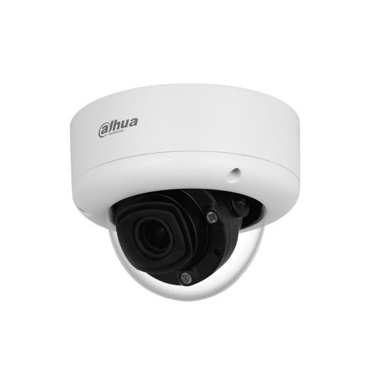 Witte Dahua WizMind X-serie domecamera met zwarte lensmodule en transparante koepel voor professionele beveiliging.