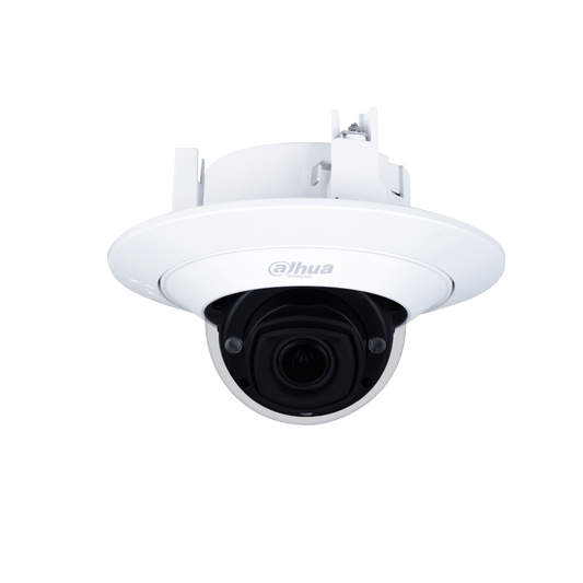 Witte Dahua WizMind dome-beveiligingscamera met zwarte lens en ronde behuizing voor plafondmontage.