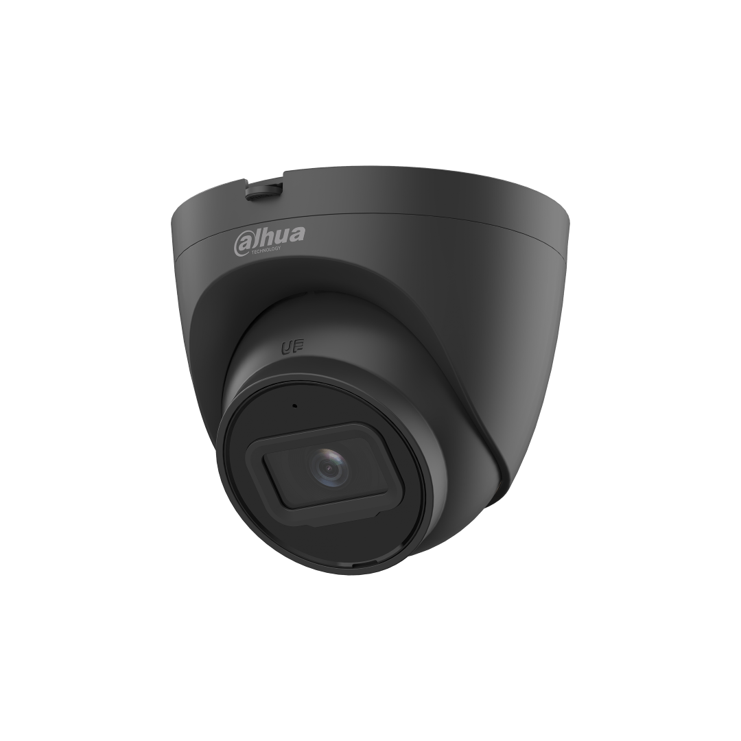 Zwarte Dahua IPC-HDW2441T-S 4MP dome beveiligingscamera met 2.8mm lens en compact modern design.