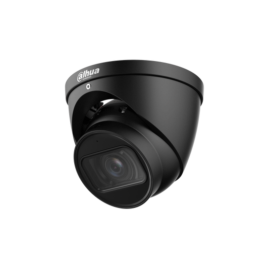 Zwarte Dahua IPC-HDW2541T-S 5MP dome beveiligingscamera met 2.8mm lens en compact modern design.