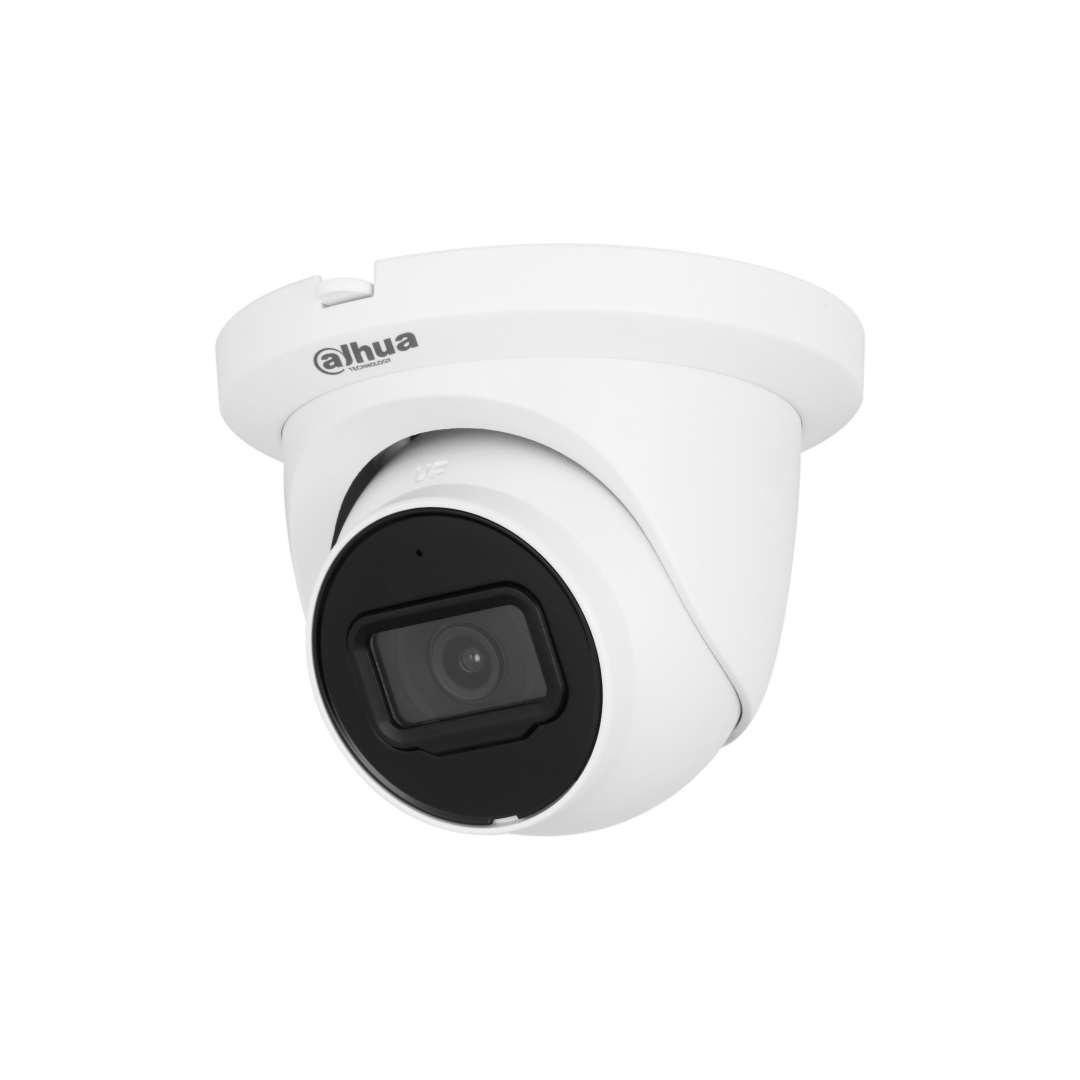 Witte Dahua WizSense 5MP dome-beveiligingscamera met zwarte lens en compacte behuizing voor wand- of plafondmontage.
