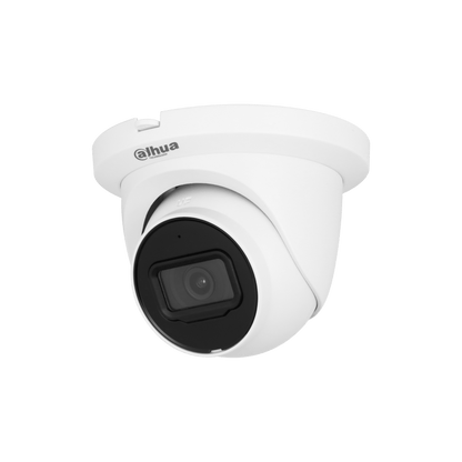 Witte Dahua WizSense 5MP dome-beveiligingscamera met zwarte lens en compacte behuizing voor wand- of plafondmontage.