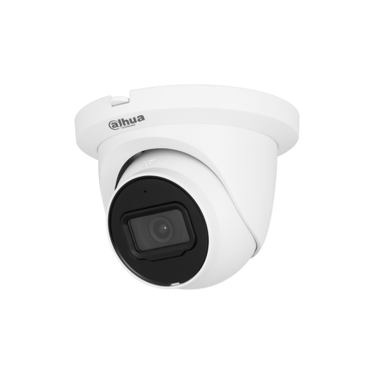 Witte Dahua WizSense 5MP dome-beveiligingscamera met zwarte lens en compacte behuizing voor wand- of plafondmontage.