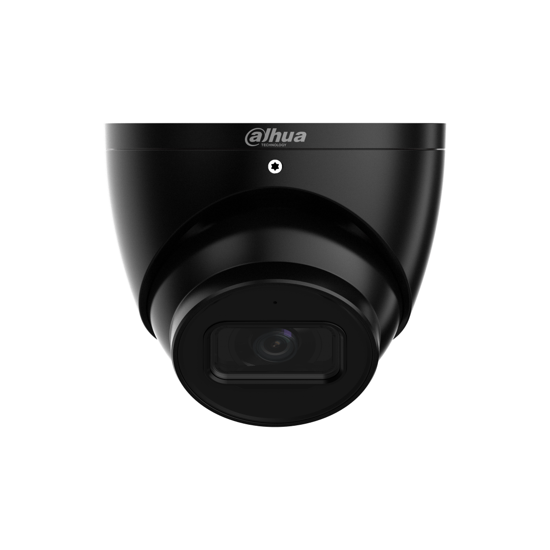 Zwarte Dahua IPC-HDW3241EM-S-S2 dome beveiligingscamera met 2MP lens en strak design voor wand- of plafondmontage.