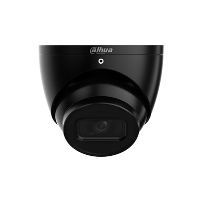 Zwarte Dahua IPC-HDW3241EM-S-S2 dome beveiligingscamera met 2MP lens en strak design voor wand- of plafondmontage.