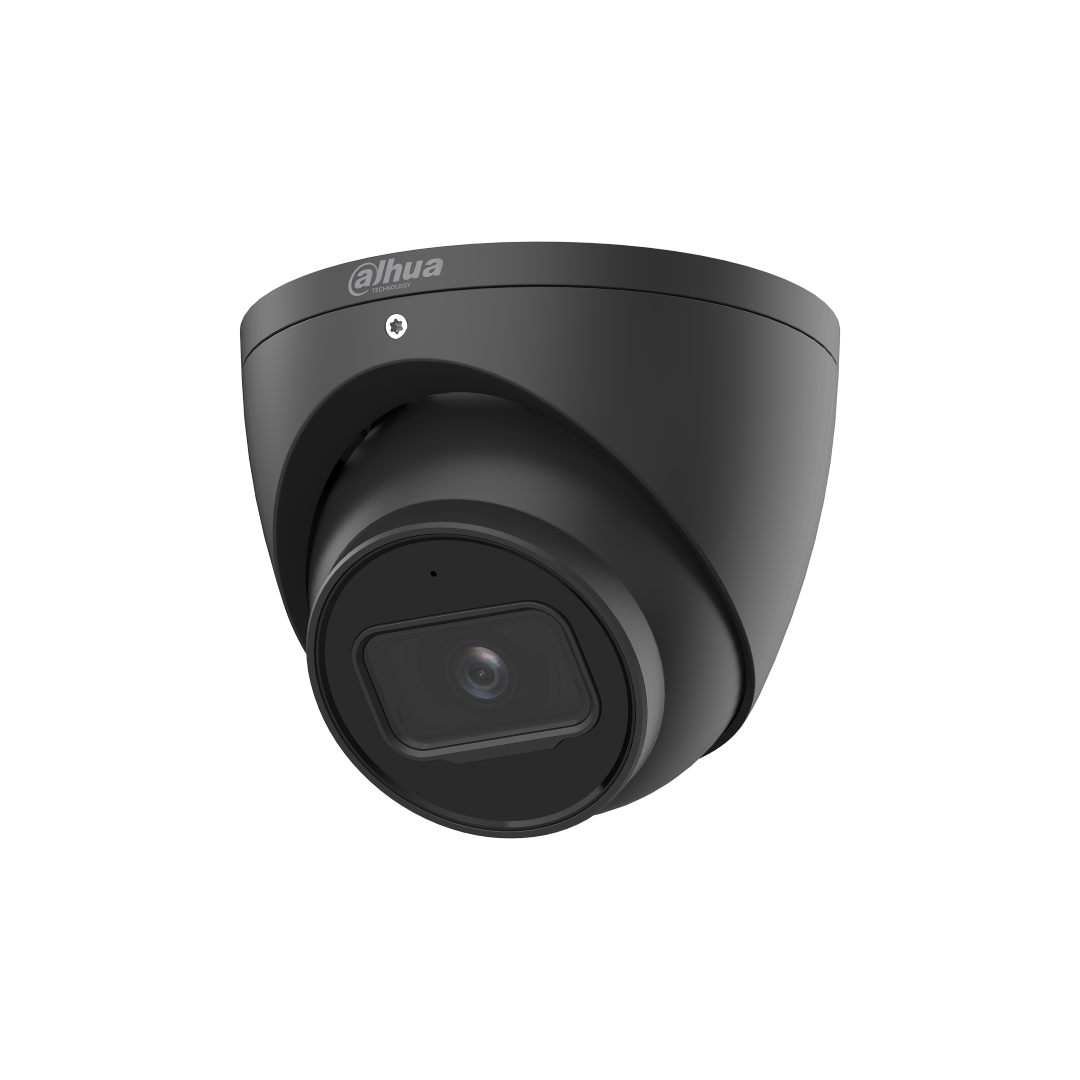 Zwarte Dahua IPC-HDW3241EM-S-S2 dome beveiligingscamera met 2MP lens en compacte behuizing voor buiten.
