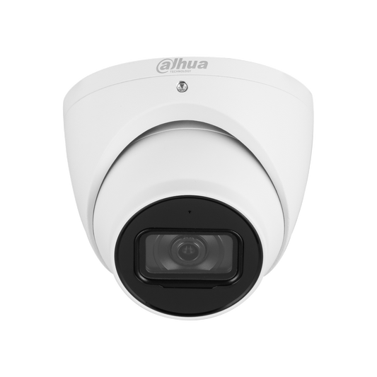 Witte Dahua IPC-HDW3241EM-S-S2 2MP dome beveiligingscamera met zwarte lens en infraroodtechnologie.