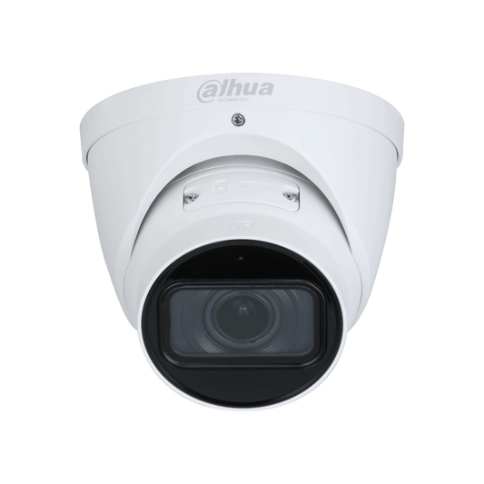 Witte Dahua WizSense 3-serie dome beveiligingscamera met zwarte lens en ingebouwde microfoon voor buiten.