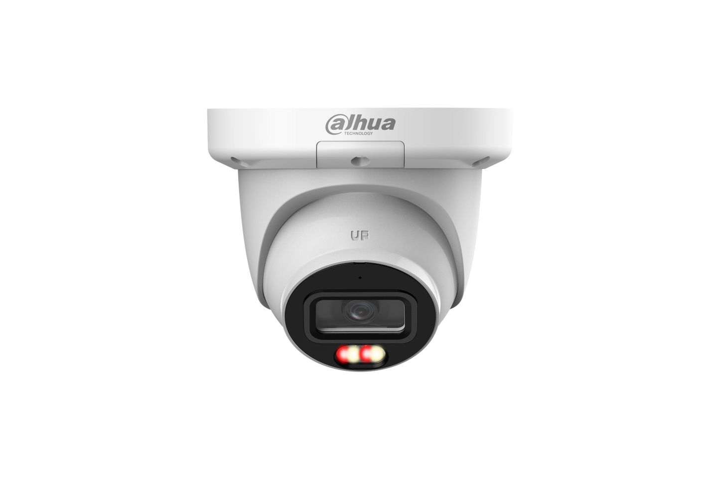 Witte Dahua WizSense dome-beveiligingscamera met 2.8mm lens, IR-verlichting en ingebouwde microfoon.