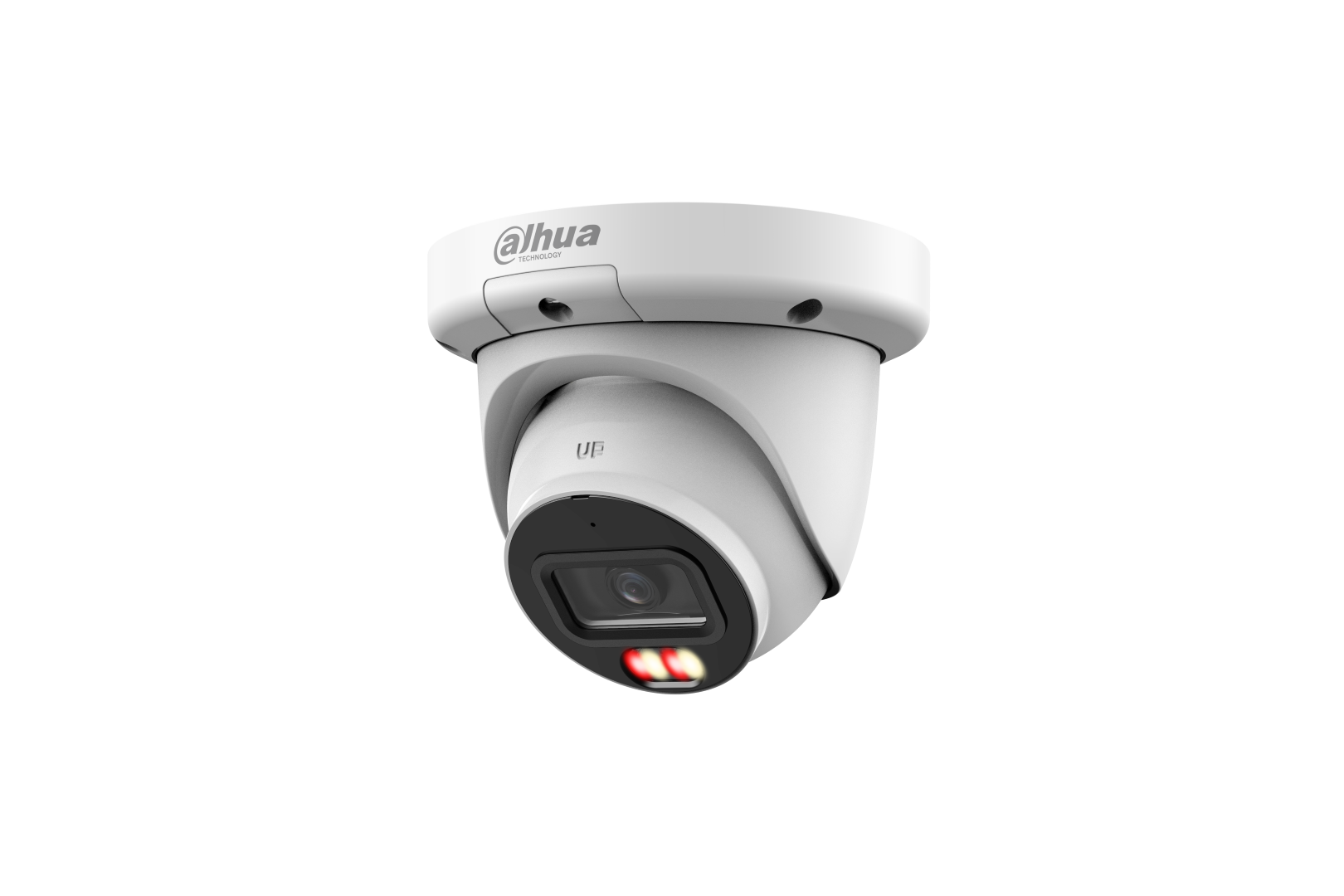Witte Dahua WizSense turret-beveiligingscamera met 2.8mm lens, ingebouwde microfoon en dual-light technologie.