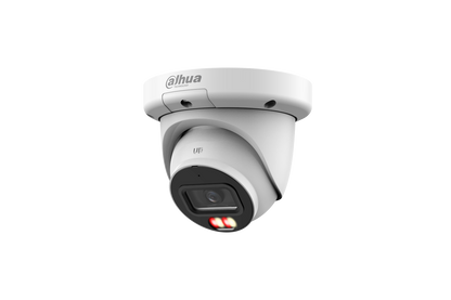 Witte Dahua WizSense turret-beveiligingscamera met 2.8mm lens, ingebouwde microfoon en dual-light technologie.