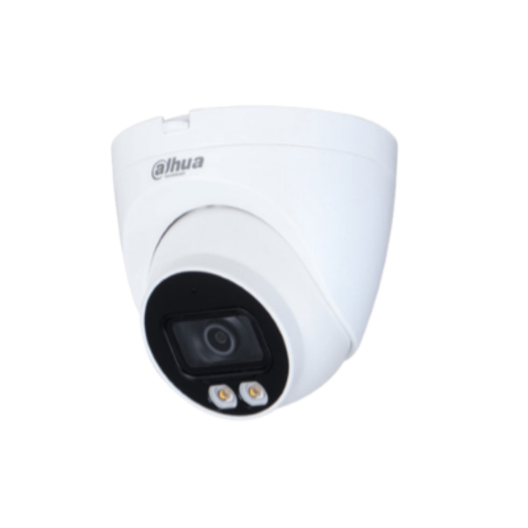 Witte Dahua Full-color dome beveiligingscamera met ingebouwde LED-verlichting en zwarte lensmodule.