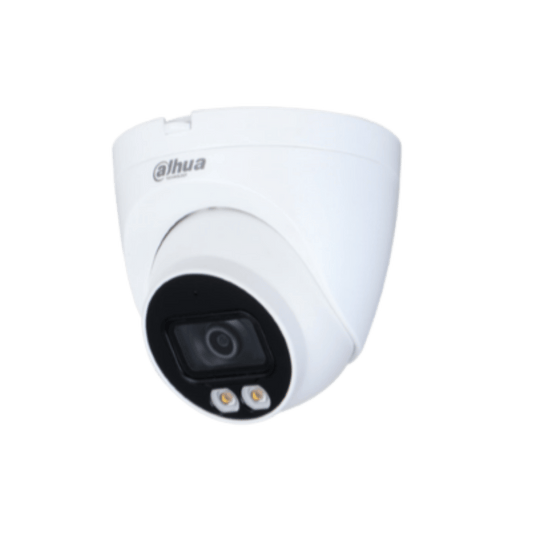 Witte Dahua Full-color dome beveiligingscamera met ingebouwde LED-verlichting en zwarte lensmodule.
