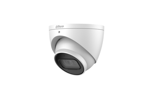 Witte Dahua IPC-HDW3441EM-S-S2 4MP dome beveiligingscamera met een compact, weerbestendig ontwerp en zwarte lens.