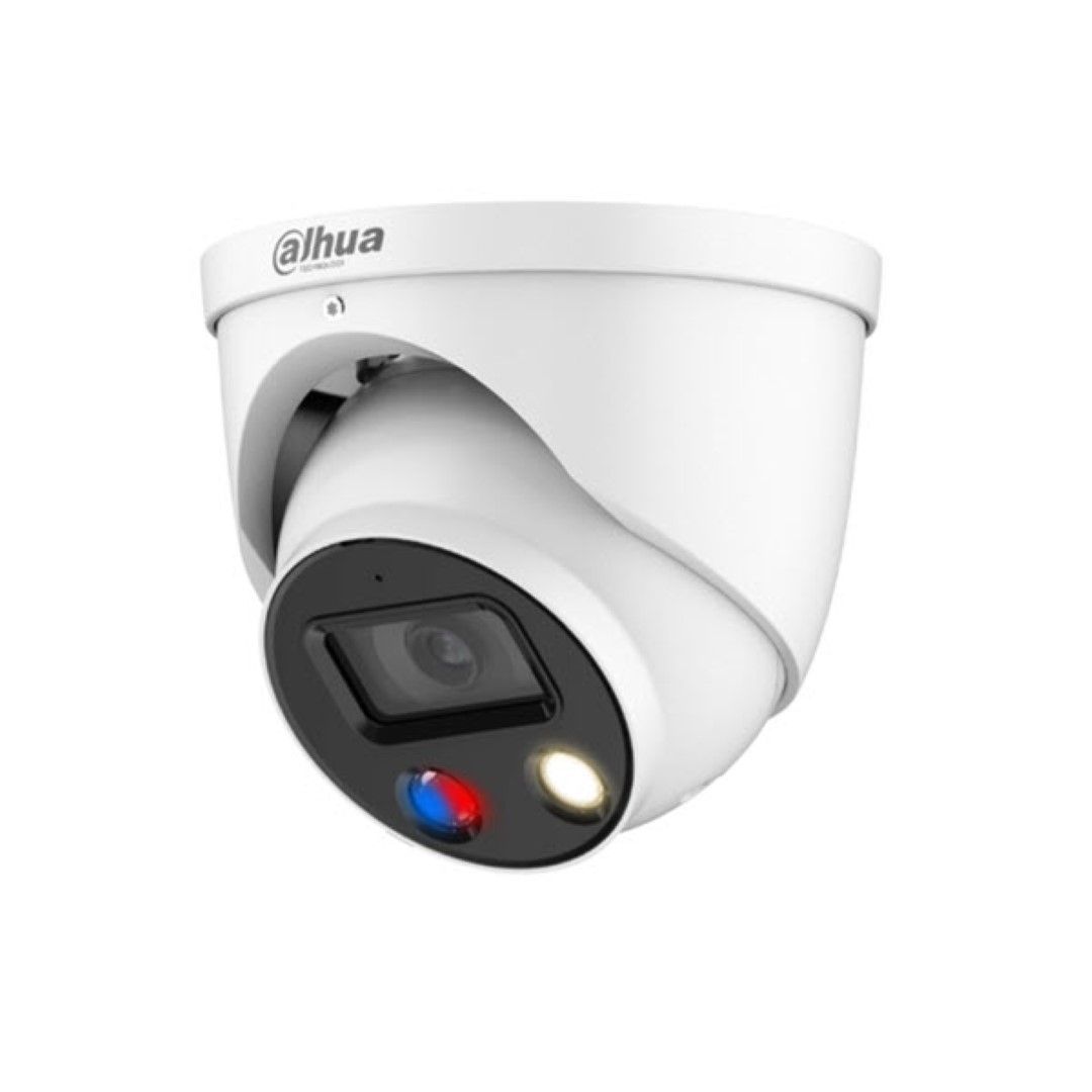 Witte Dahua 4MP turret beveiligingscamera met ingebouwde LED-verlichting en rood-blauwe waarschuwingslichten.