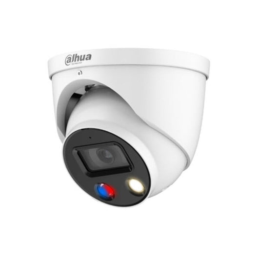 Witte Dahua 4MP turret beveiligingscamera met ingebouwde LED-verlichting en rood-blauwe waarschuwingslichten.