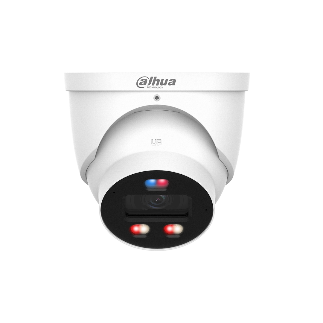 Witte Dahua WizSense 4MP domecamera met rood-blauw lichtalarm en zwarte lensmodule.