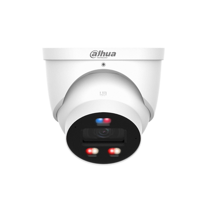 Witte Dahua WizSense 4MP domecamera met rood-blauw lichtalarm en zwarte lensmodule.
