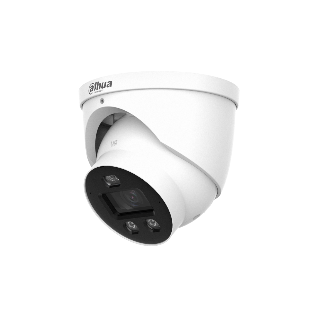 Witte Dahua WizSense 4MP dome-beveiligingscamera met zwarte lensmodule en ingebouwde verlichting voor buiten.