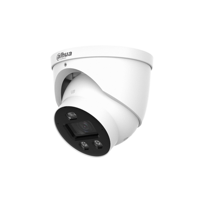 Witte Dahua WizSense 4MP dome-beveiligingscamera met zwarte lensmodule en ingebouwde verlichting voor buiten.