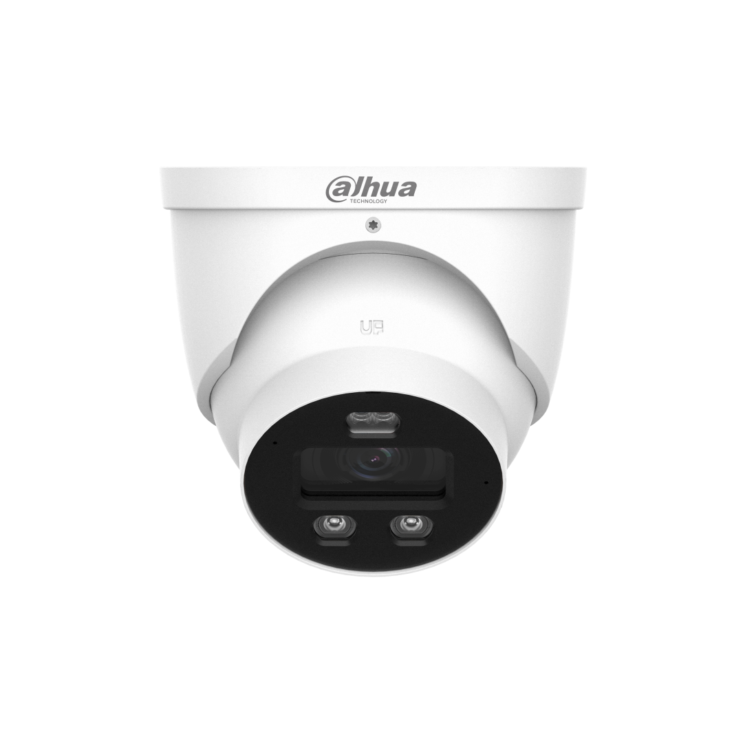 Witte Dahua WizSense 4MP dome-beveiligingscamera met ingebouwde verlichting en lens voor buitenmontage.