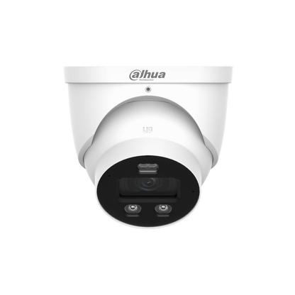 Witte Dahua WizSense 4MP dome-beveiligingscamera met ingebouwde verlichting en lens voor buitenmontage.