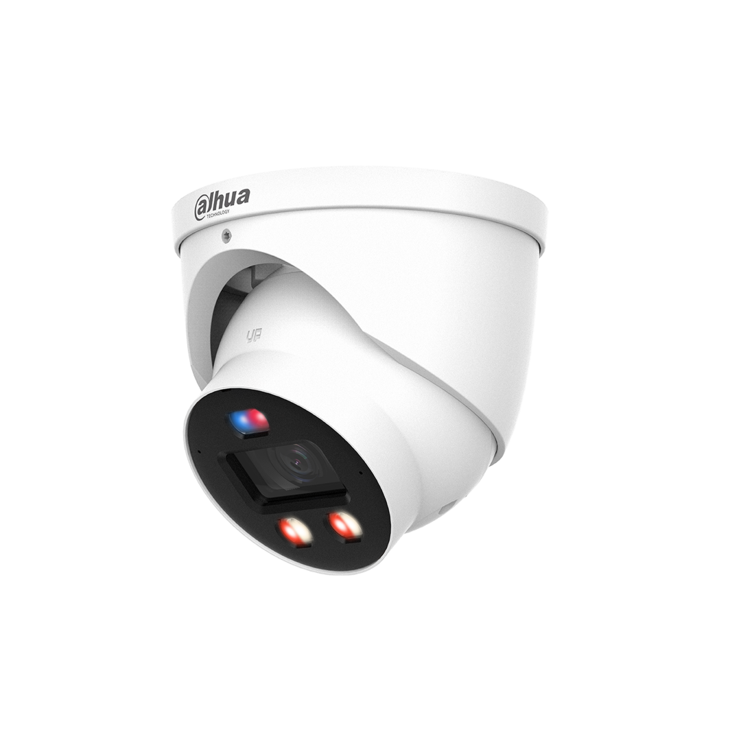 Witte Dahua WizSense 4MP dome-beveiligingscamera met rood-blauw lichtalarm en 2.8mm lens voor buiten.