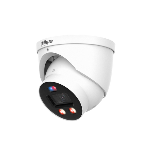 Witte Dahua WizSense 4MP dome-beveiligingscamera met rood-blauw lichtalarm en 2.8mm lens voor buiten.