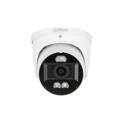 Witte Dahua IPC-HDW3449H-ZAS-PV dome beveiligingscamera met IR en warm licht LED-verlichting voor nachtzicht.