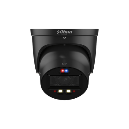 Zwarte Dahua IPC-HDW3449H-ZAS-PV beveiligingscamera met rood-blauwe waarschuwingslichten en ingebouwde LED-verlichting.