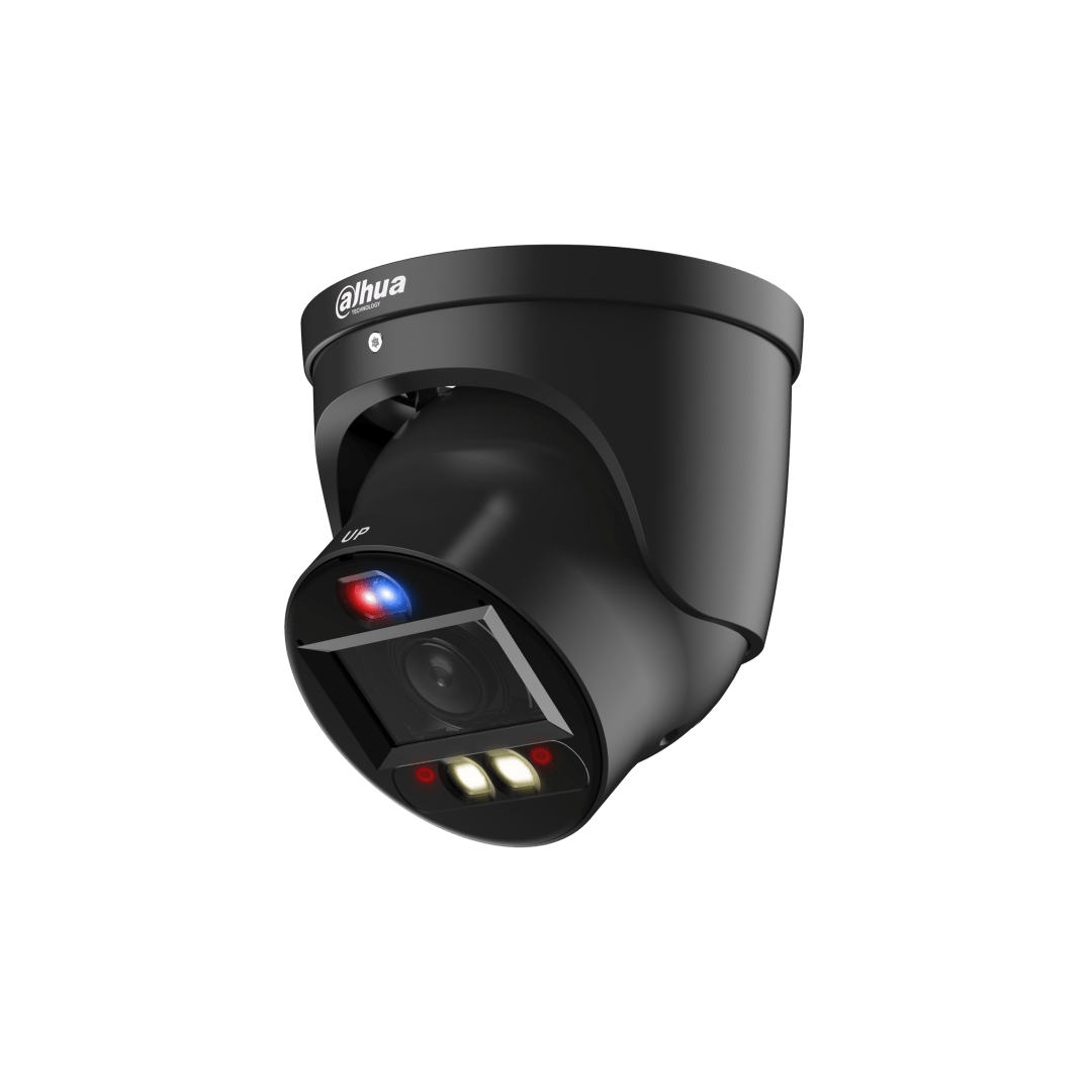 Zwarte Dahua IPC-HDW3449H-ZAS-PV dome beveiligingscamera met ingebouwde IR- en warmlicht-LED's voor nachtzicht.