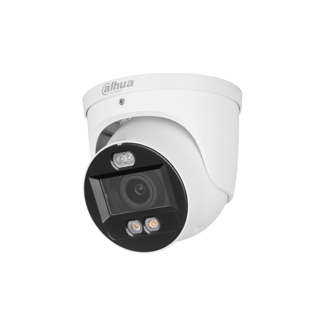 Witte Dahua 4MP dome-beveiligingscamera met zwarte lensmodule, IR-verlichting en ingebouwde LED-spots voor nachtzicht.