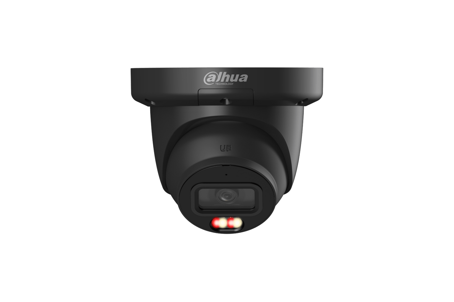 Zwarte Dahua IPC-HDW3449QM-S-IL 4MP turret beveiligingscamera met 2.8mm lens en ingebouwde IR- en warmlichtverlichting.