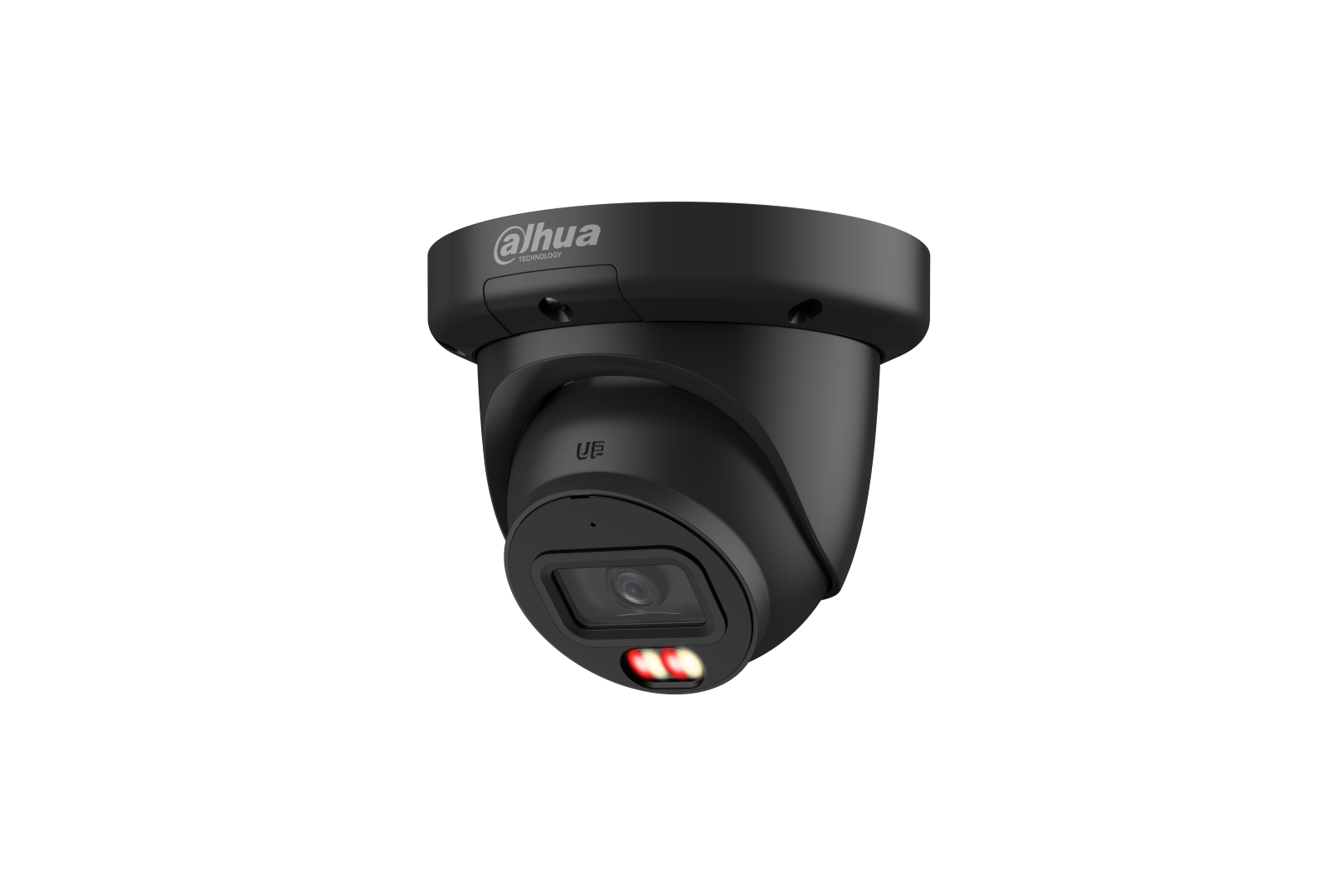 Zwarte Dahua 4MP dome beveiligingscamera met 2.8mm lens, ingebouwde IR- en warmlichtverlichting voor nachtzicht.