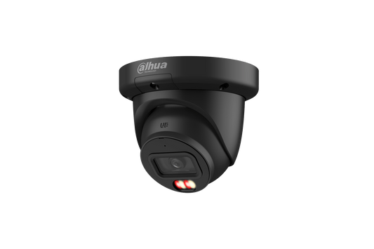 Zwarte Dahua 4MP dome beveiligingscamera met 2.8mm lens, ingebouwde IR- en warmlichtverlichting voor nachtzicht.