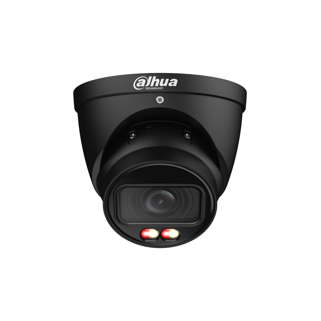 Zwarte Dahua IPC-HDW3449T-ZS-IL dome beveiligingscamera met varifocale lens en ingebouwde verlichting.