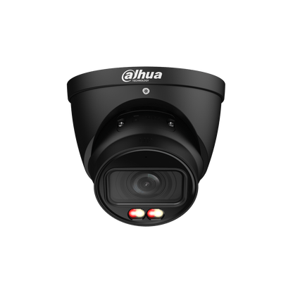 Zwarte Dahua IPC-HDW3449T-ZS-IL dome beveiligingscamera met varifocale lens en ingebouwde verlichting.