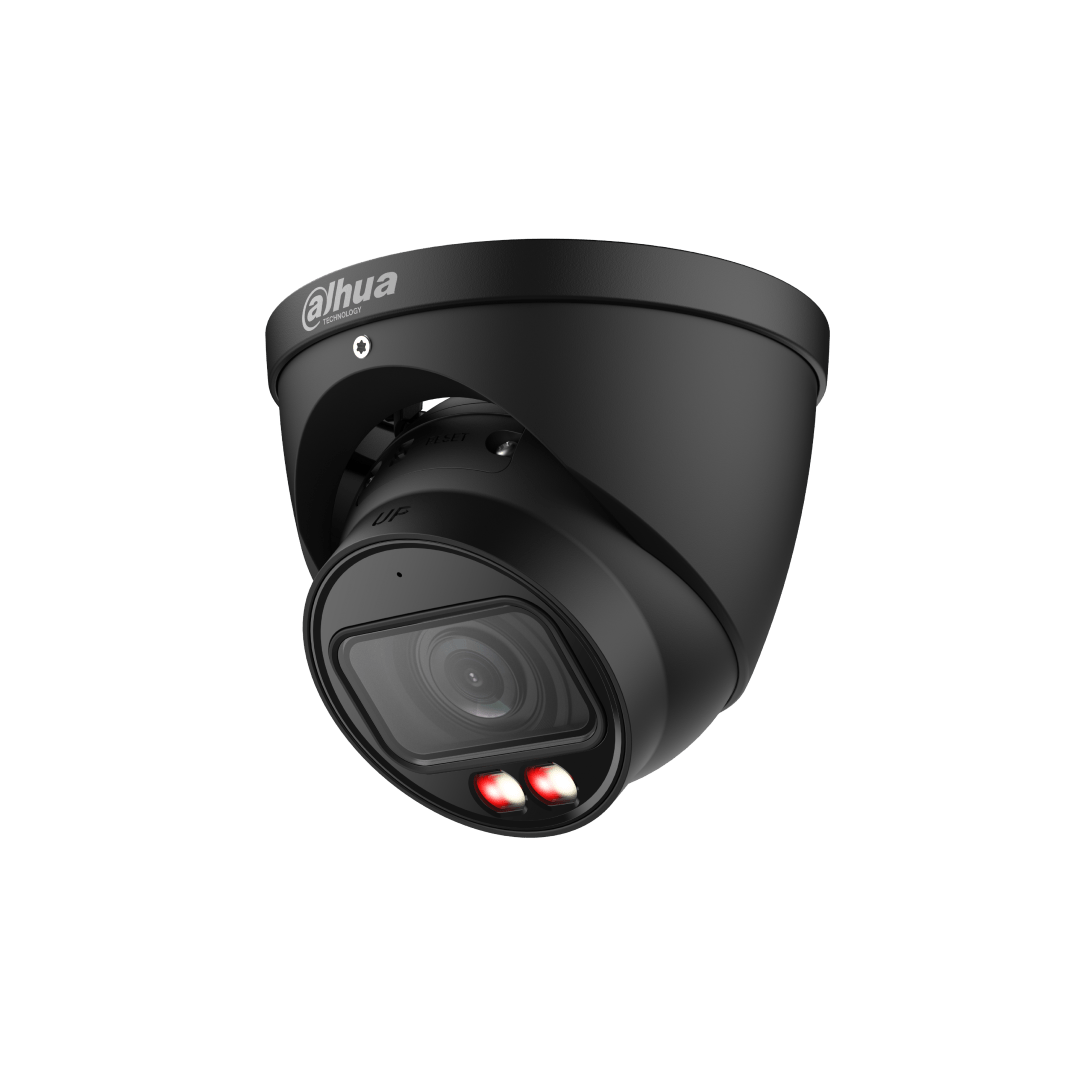 Zwarte Dahua IPC-HDW3449T-ZS-IL 4MP dome beveiligingscamera met varifocale lens en ingebouwde IR-verlichting.