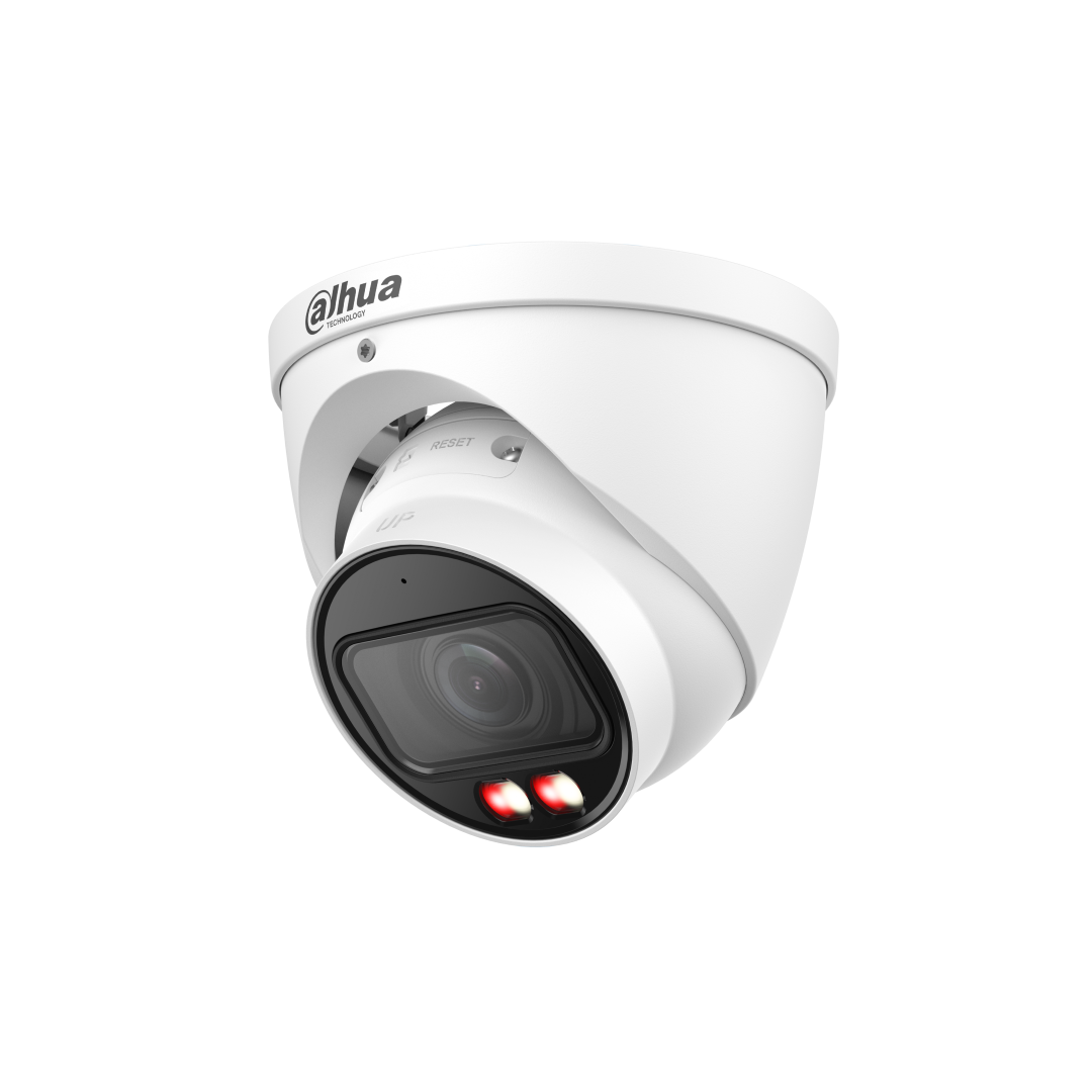 Witte Dahua IPC-HDW3449T-ZS-IL dome beveiligingscamera met varifocale lens en ingebouwde IR-verlichting.