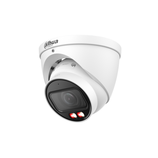 Witte Dahua IPC-HDW3449T-ZS-IL dome beveiligingscamera met varifocale lens en ingebouwde IR-verlichting.
