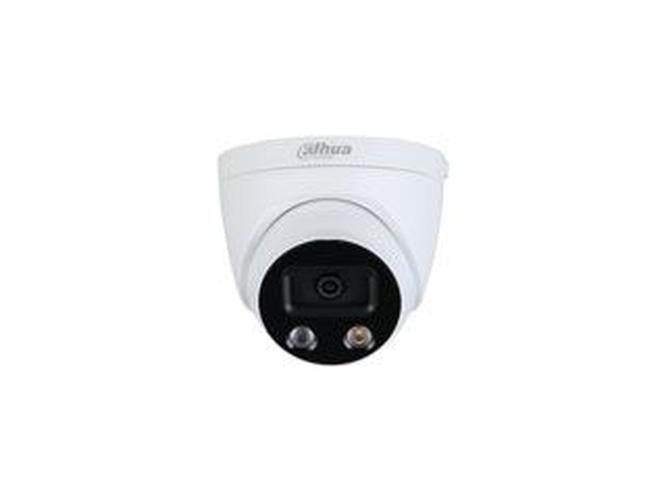 Witte Dahua 4MP dome-beveiligingscamera met ingebouwde LED-verlichting en zwarte lensmodule voor buiten.