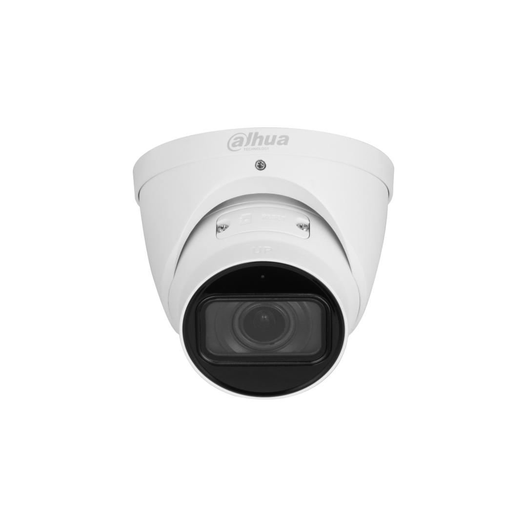 Witte Dahua IPC-HDW3541T-ZS-S2 5MP dome beveiligingscamera met infrarood lens en robuuste behuizing.
